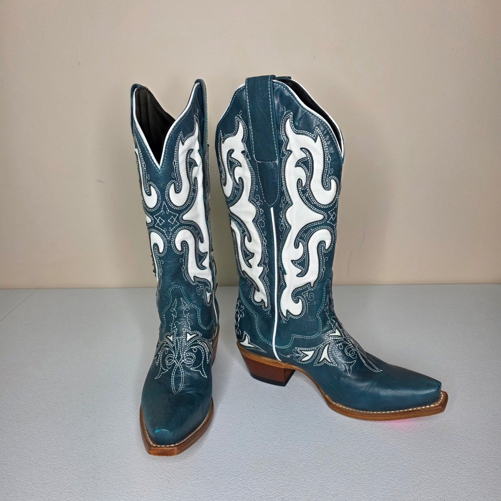 J.B. Dillon Leather Cowboy Boots Women 5.5 Teal Blue White Leather Inlay P4080B